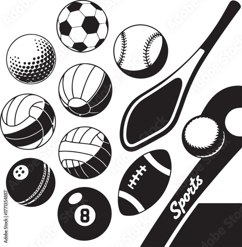 Collection of Sports Balls and Equipment Vector Illustration