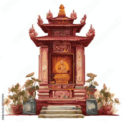 Hue Buddha Shrine Vector Painting Art Illustration Isolated on White Background