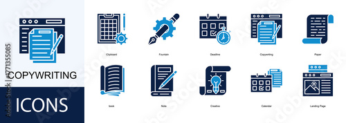 Copywriting icon collection set. Containing Clipboard, Fountain, Deadline, Paper, book icon.