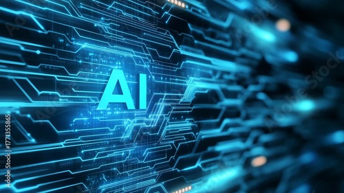 AI Text On Digital Animated Circuit Background. Blue Neon Futuristic Technology Interface. Artificial Intelligence Concept