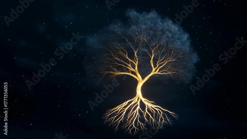 Golden Tree Of Light With Glowing Roots Against Starry Sky. Futuristic Energy Symbol. Hope And Growth Concept