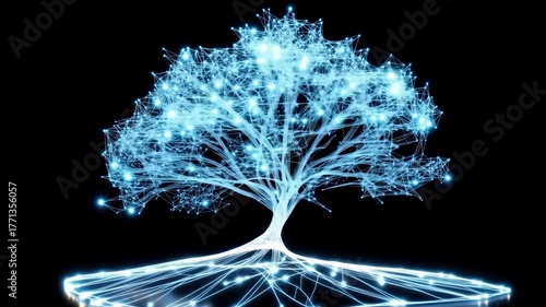 Neural Network Tree Structure With Glowing Connections. Futuristic Data Visualization On Black Background. Artificial Intelligence Concept