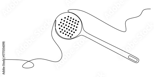 Continuous line drawing. Skimmer, kitchen utensils, a large round spoon with holes. Vector illustration
