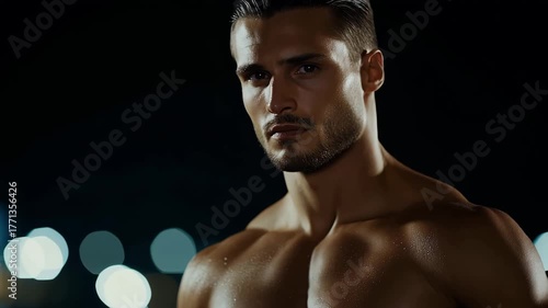 Muscular Man Posing Shirtless At Night. City Bokeh Lights Background. Fitness Strength Concept