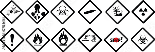 GHS pictograms. Warning Hazard Hazardous Danger Dangerous Icon set. Explosive Flammable Oxidizing Compressed Gas Corrosive Toxic Harmful Corrosive Environmentally Unsafe Vector Symbols.	
