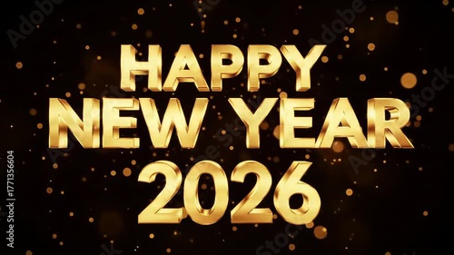 Golden 3d Happy New Year 2026 animation with glowing particles and elegant celebration lights