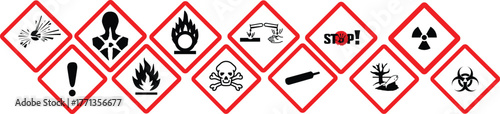 GHS pictograms. Warning Hazard Hazardous Danger Dangerous Icon set. Explosive Flammable Oxidizing Compressed Gas Corrosive Toxic Harmful Corrosive Environmentally Unsafe Vector Symbols.	
