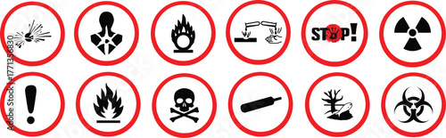 GHS pictograms. Warning Hazard Hazardous Danger Dangerous Icon set. Explosive Flammable Oxidizing Compressed Gas Corrosive Toxic Harmful Corrosive Environmentally Unsafe Vector Symbols.	

