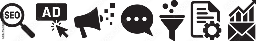 Fototapeta premium Digital marketing icon set with coins, growth chart, moneybag, and piggy bank silhouette style.