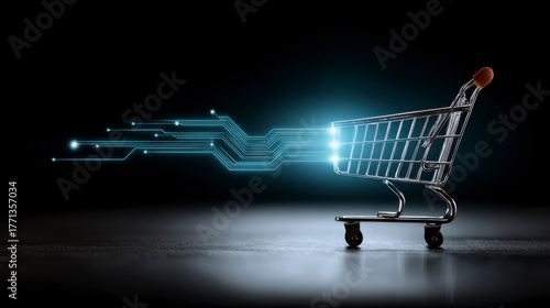 Digital commerce illustration: glowing cart over blue-neon circuits, sale excitement.