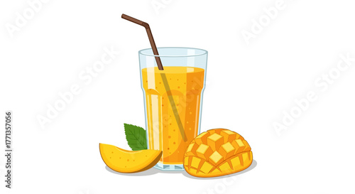Refreshing Mango Juice with Fresh Mango Slices and Leaf.