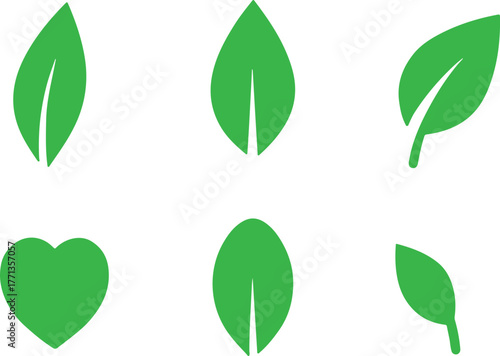 Green leaf icons set with coins, growth chart, moneybag, and piggy bank in silhouette style.