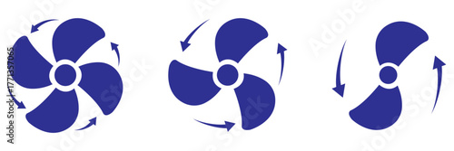 Cooling fan icon set. Modern cooler ventilator silhouette icons, vector symbol website design. Set of black colour vector illustration flat style. Cooling system fan with rotation arrows symbol.