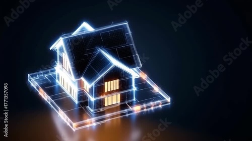 Holographic Smart House Model With Glowing Structure. Futuristic Digital Architecture Visualization. Technology Innovation Concept