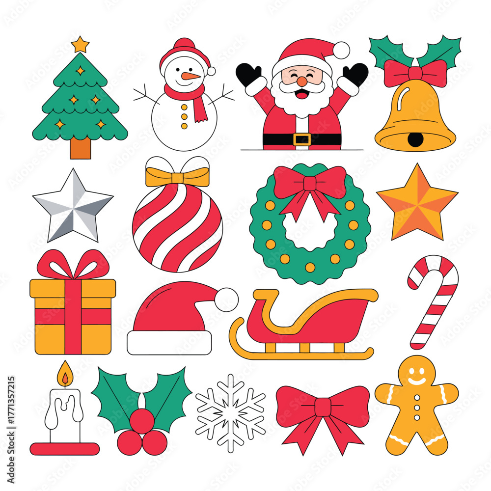 Fototapeta premium Assorted festive holiday icons representing Christmas and winter season celebrations including Santa Claus snowman tree and decorations perfect for holiday related projects