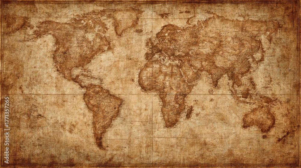 Fototapeta premium Vintage world map with a textured, aged appearance and grid lines