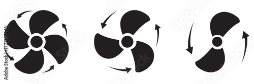 Cooling fan icon set. Modern cooler ventilator silhouette icons, vector symbol website design. Set of black colour vector illustration flat style. Cooling system fan with rotation arrows symbol.