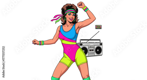 Retro 80s Aerobics Woman Dancing with Boombox.