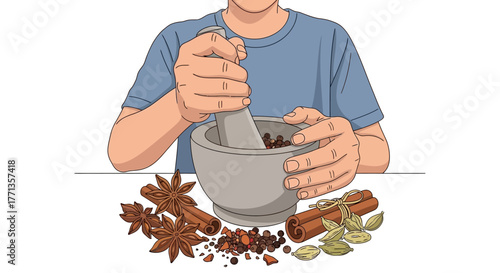 Person grinding spices in a mortar and pestle with whole spices around.