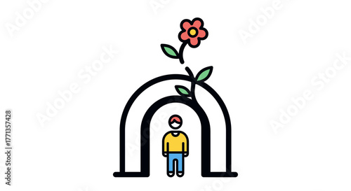 Person growing under an arch with a flower blooming.