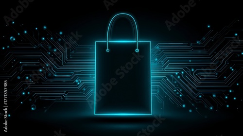 Modern tech illustration with blue neon circuits and minimalist bag icon.