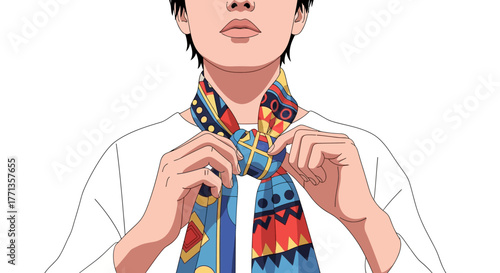 Person tying a colorful patterned scarf around their neck.