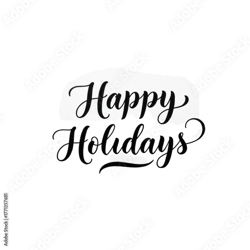 Black elegant handwritten script 'Happy Holidays' calligraphy centered on a transparent background with ample negative space. Concept of elegant holiday greeting