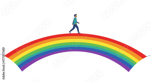 Person walking on a rainbow bridge towards a brighter future.