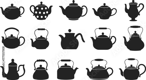 Teapot silhouette collection, classic and modern shapes, spout, handle, lid variations, tea culture icons set, flat vector illustration