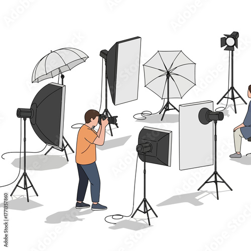 Photography studio setup with lighting equipment and photographer.