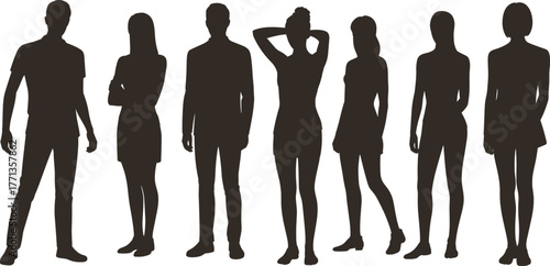 Human silhouette collection, diverse standing poses, male and female figures, posture variation, fashion outline, flat vector illustration, character modeling reference