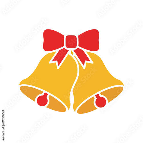 Festive golden christmas bells with red ribbon bow celebration holiday icon vector