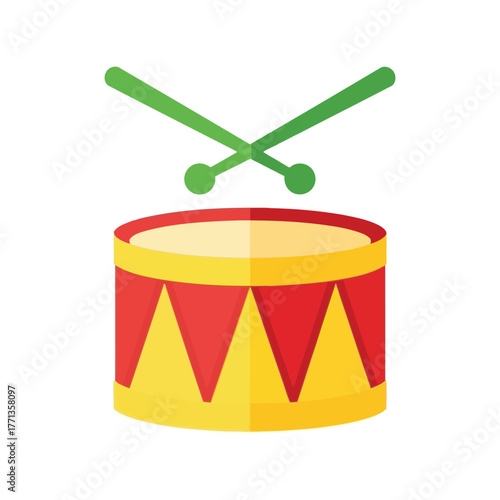 Colorful drum and drumsticks percussion musical instrument toy isolated simple flat design vector
