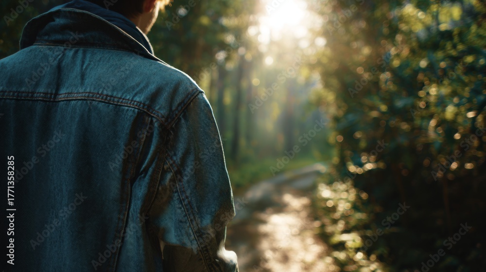 Naklejka premium A young man walks peacefully through a sunlit forest trail, surrounded by vibrant greenery and soft rays of light.