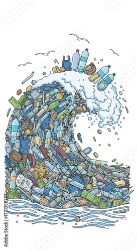 Plastic Pollution Wave Crashing Over The Ocean.