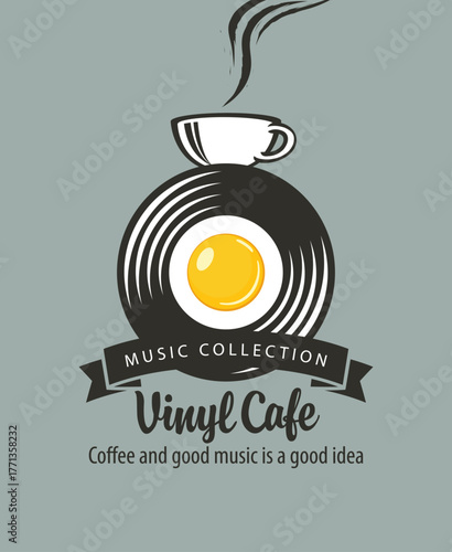 Vector menu, logo or banner for vinyl cafe or music restaurant with vinyl record inside plate, fried egg and cup of coffee on yellow background in vintage style. Advertising poster, flyer. No AI used