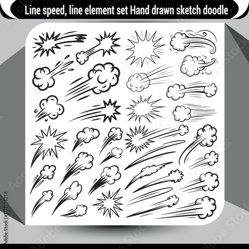Hand drawn sketch doodle line speed elements set dynamic motion effects abstract explosions speed lines