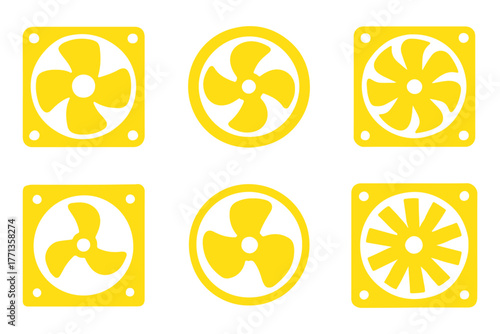 Cooling fan icon set. Modern cooler ventilator silhouette icons, vector symbol website design. Set of black colour vector illustration flat style. Cooling system fan with rotation arrows symbol.