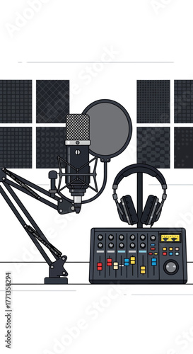 Podcast Recording Studio Setup with Microphone and Mixer.