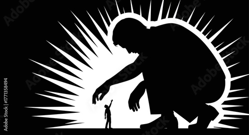 Symbolic black and white illustration of a giant silhouette crouching to interact with a tiny human figure, representing power dynamics
