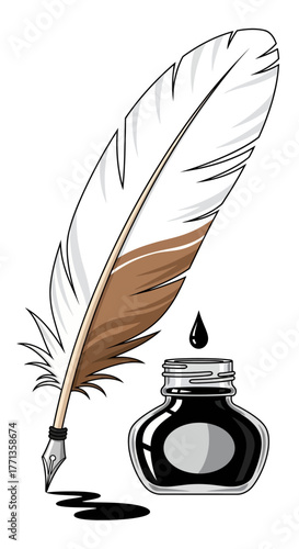 Quill pen and ink bottle illustration.