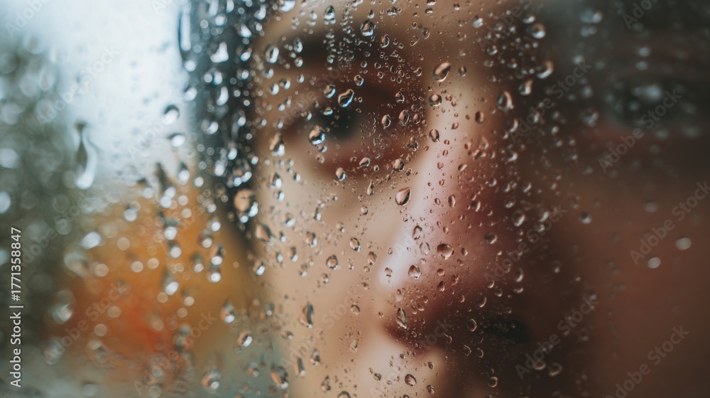 Fototapeta premium A close-up portrait of a young Hispanic male, staring through a rain-covered window, evoking feelings of solitude and contemplation.