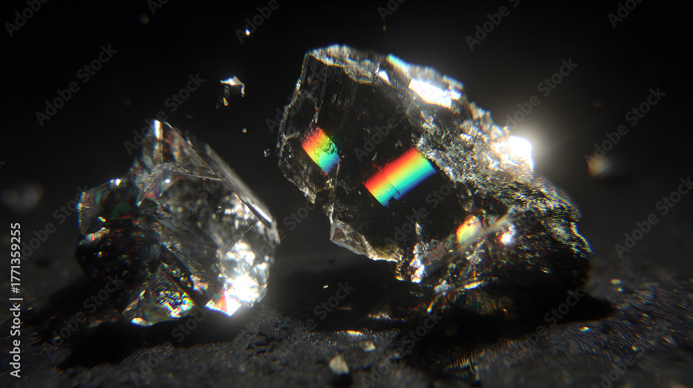 Fototapeta premium Two sparkling crystal shards reflecting light, showcasing stunning rainbow patterns in a dark atmosphere.