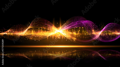 A vibrant wave of golden and purple light pulses against a dark background, evoking energy and dynamism.