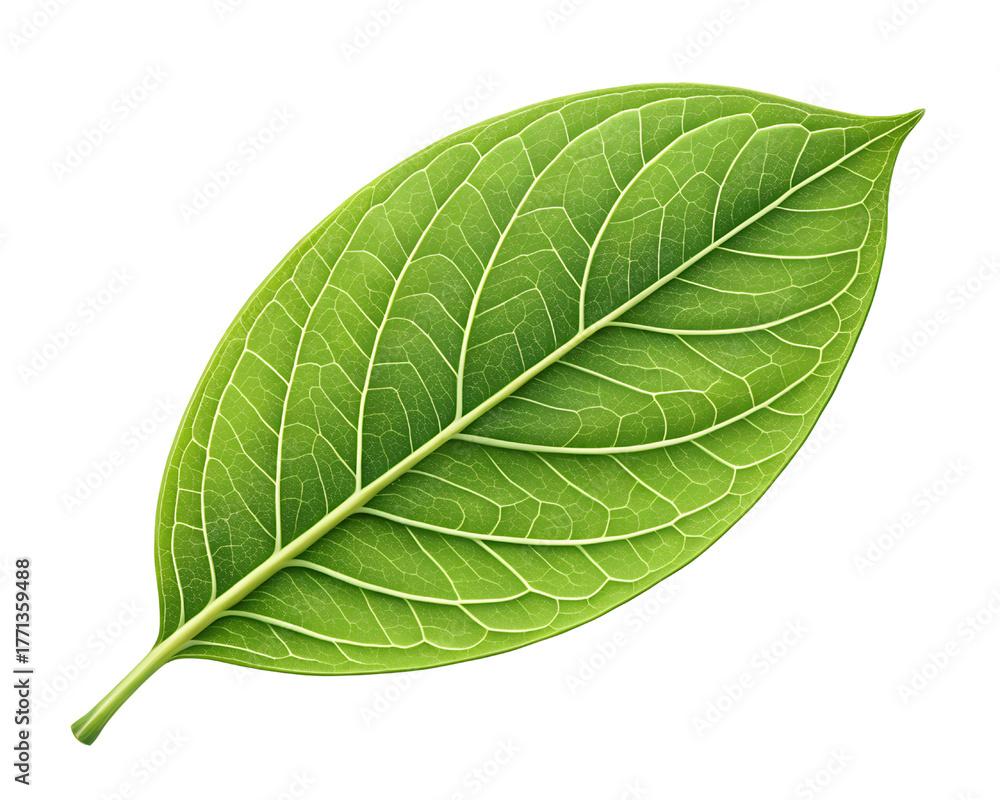 Obraz premium Fresh green leaf top view isolated on transparent background, natural botanical element for eco design, nature, and environment concepts