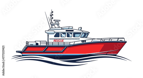 Red Rescue Boat Sailing on Water.