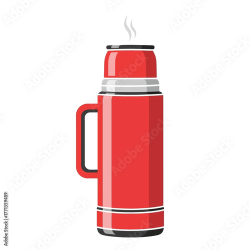 Red Thermos Flask with Handle and Steam.