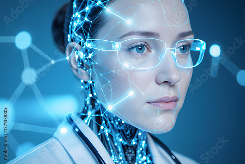 Wallpaper Mural Futuristic woman with glowing cybernetic implants and glasses, embodying advanced technology and AI. Torontodigital.ca