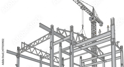 Skyscraper construction with tower cranes and steel structure illustration