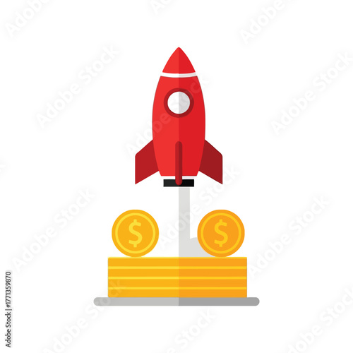 Red rocket launching over golden coins representing startup growth and financial success vector